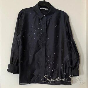Zara Black Sheer Blouse with Rhinestone Accents – Size Large